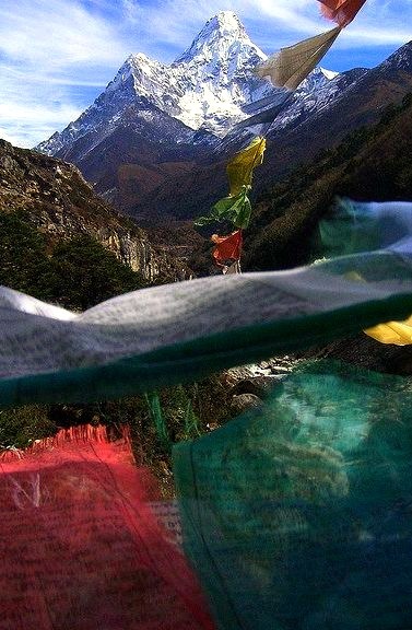 Ama Dablam seen through prayer flags, Sagarmatha, Nepal