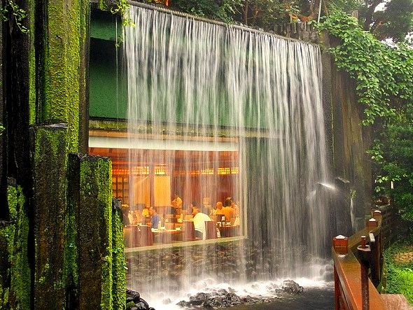 Dining under a waterfall in a lovely tropical garden, Chi Lin Nunnery, Hong Kong . This one is for Alanna :)