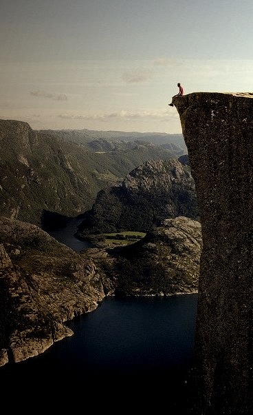 Preikestolen, also known as Pulpit Rock, a massive cliff 2000 feet above Lysefjorden in Norway